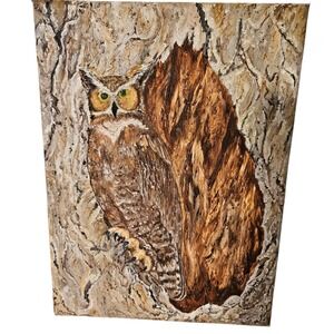 Original Owl Tree Bark Oil  Painting Unframed Signed 12" X 9" Texture Nature Art